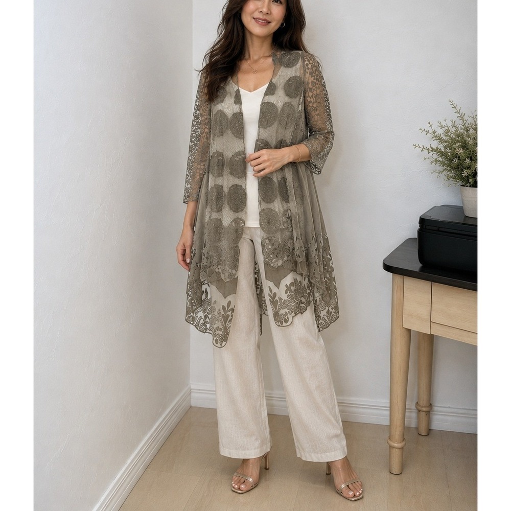 Anis.A Sheer Lace Duster Cardigan Women Small‎ Taupe Good Floral Burnout Mesh